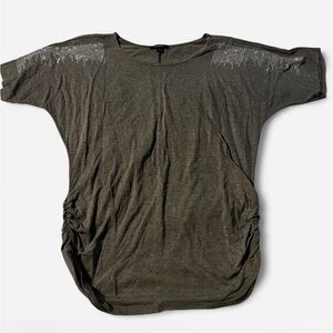 Espresso Grey Blouse, Stud Detailing, Gathered Sides, Sz L